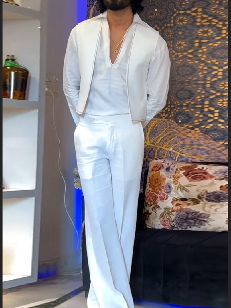 White Three - Piece Outfit-V - Neck Inner Shirt & Sleeveless Vest & Trousers