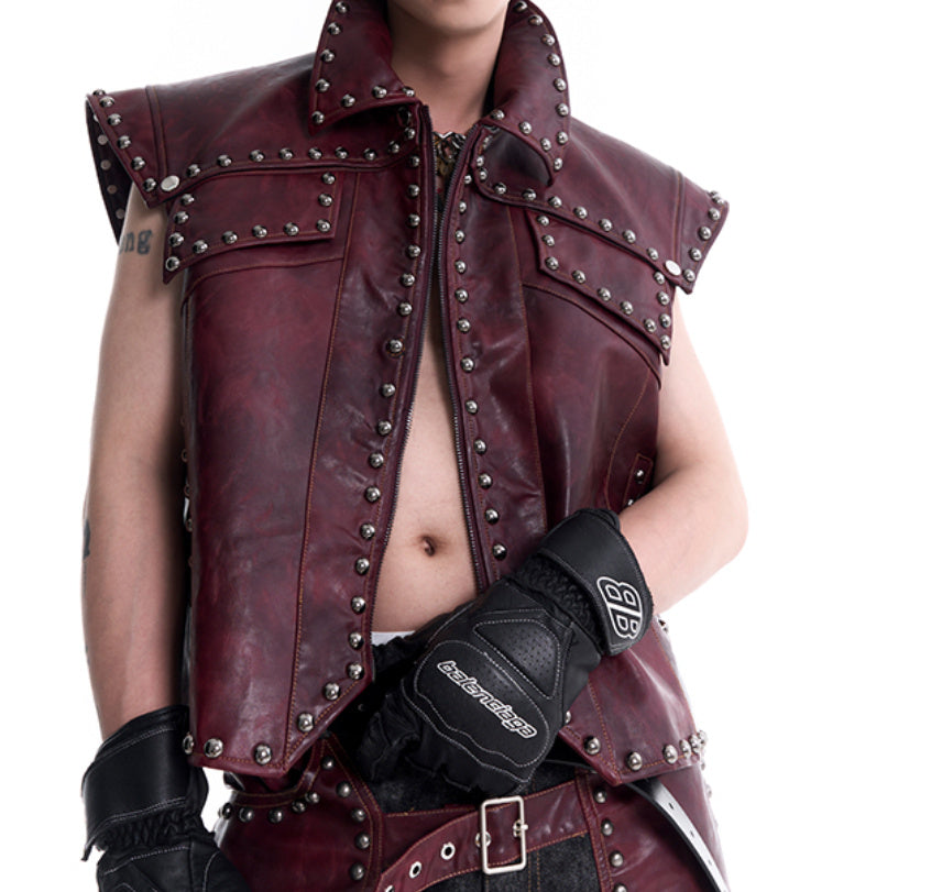 Special-interest Design Heavy Industry Rivets Leather Vest Coat