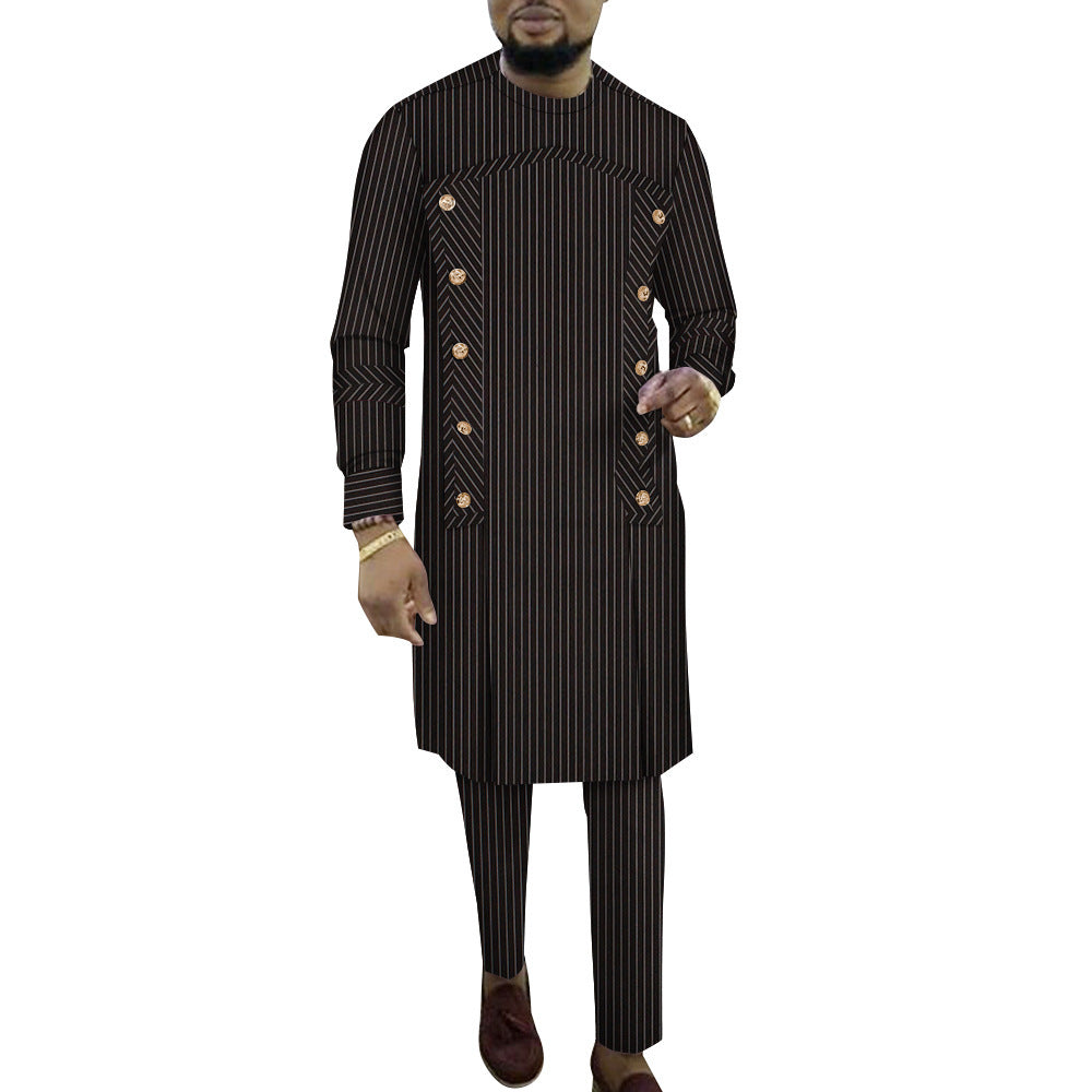 Fashion African Men's Striped Robe Two-piece Set