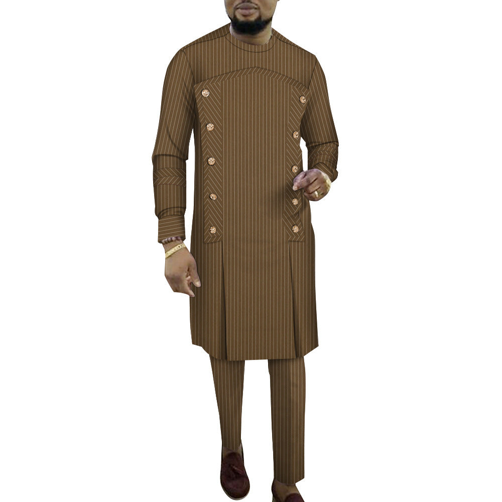 Fashion African Men's Striped Robe Two-piece Set