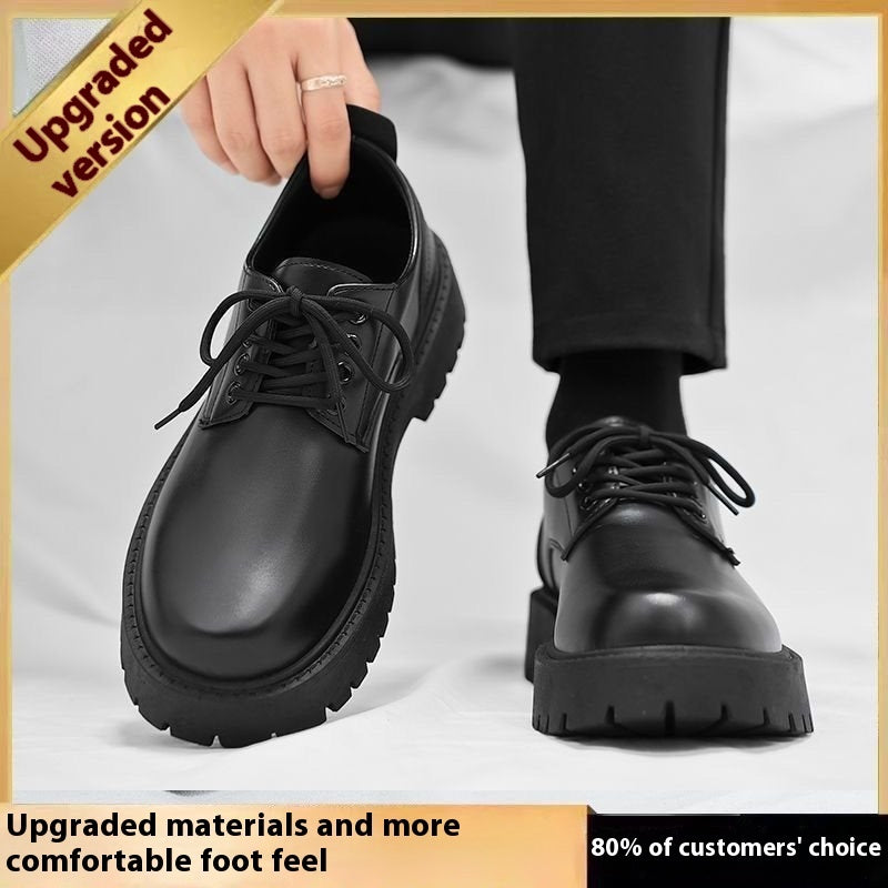 Men's High-top Side Zipper Leather Shoes Black Mid-Top Increased By Worker Boot