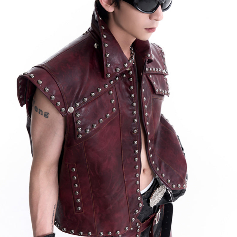 Special-interest Design Heavy Industry Rivets Leather Vest Coat