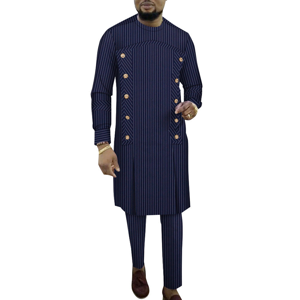 Fashion African Men's Striped Robe Two-piece Set