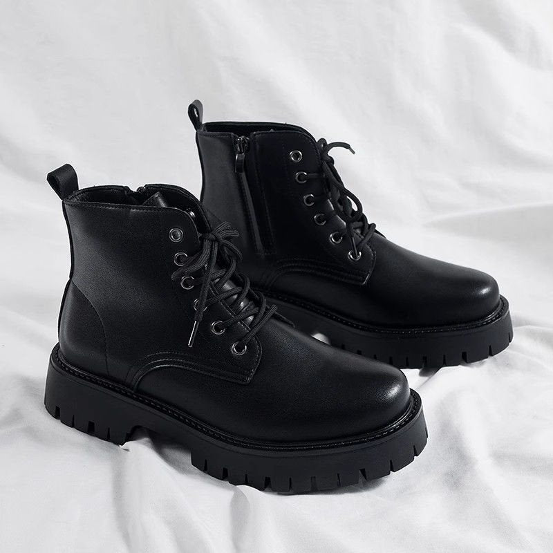 Men's High-top Side Zipper Leather Shoes Black Mid-Top Increased By Worker Boot
