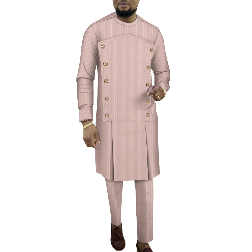 Fashion African Men's Striped Robe Two-piece Set