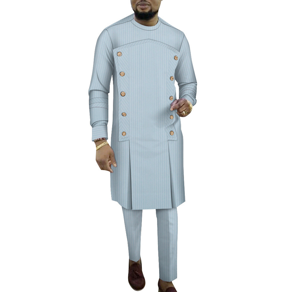 Fashion African Men's Striped Robe Two-piece Set