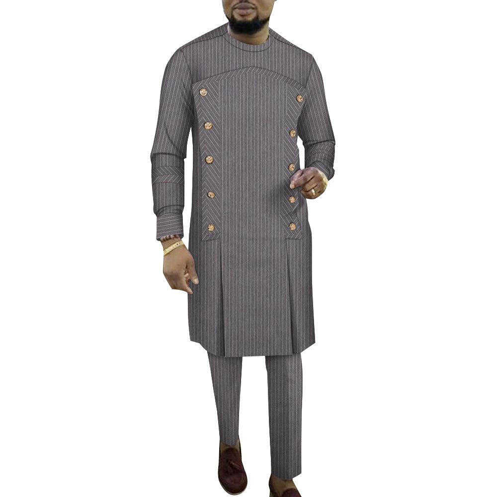 Fashion African Men's Striped Robe Two-piece Set