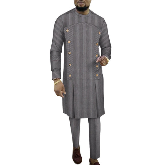Fashion African Men's Striped Robe Two-piece Set