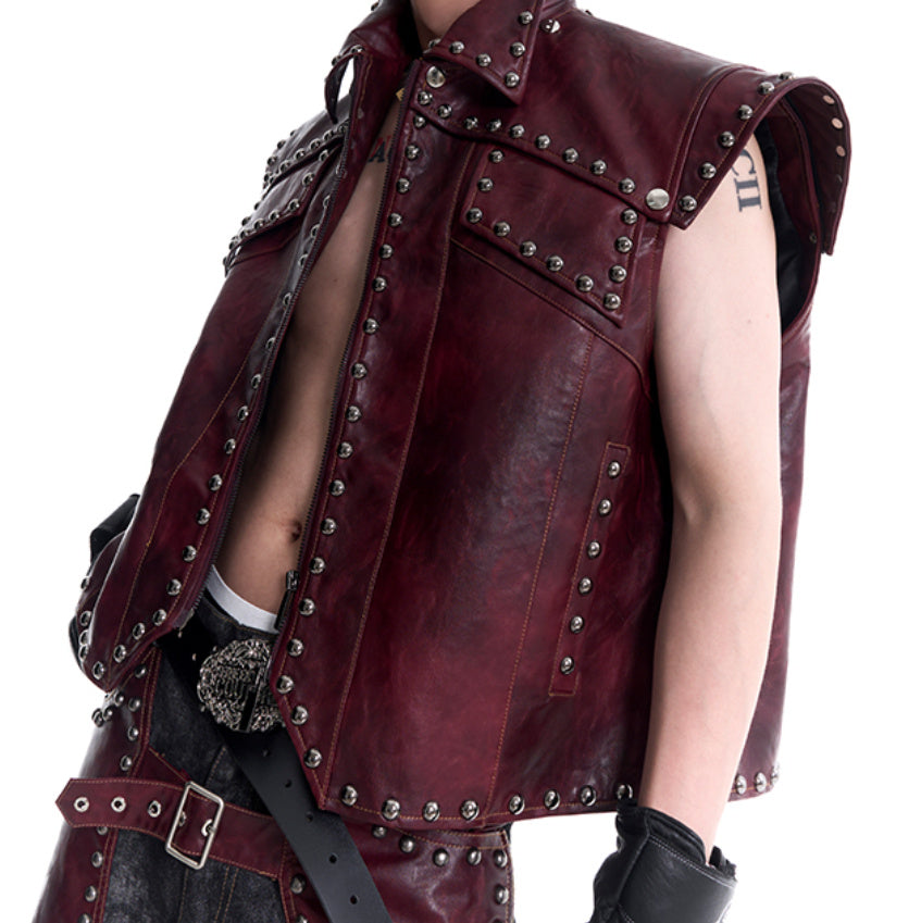 Special-interest Design Heavy Industry Rivets Leather Vest Coat