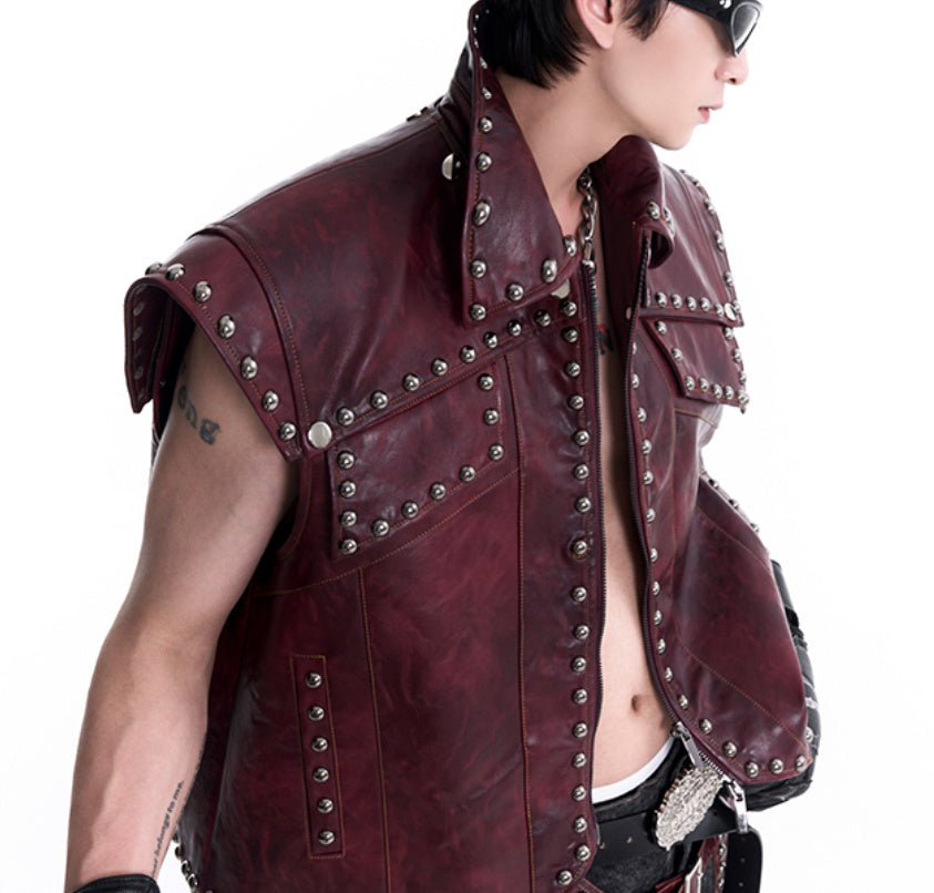 Special-interest Design Heavy Industry Rivets Leather Vest Coat